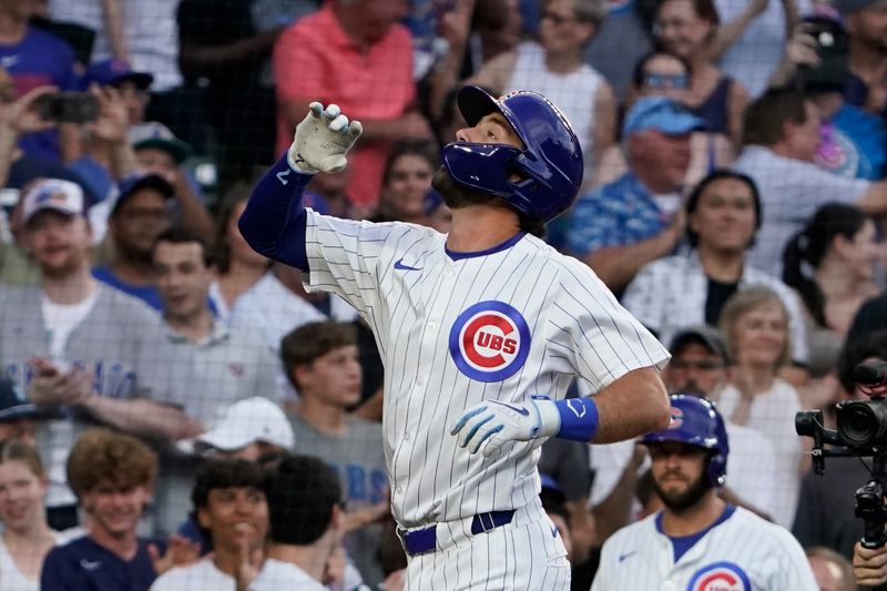 Jun 18, 2024; Chicago, Illinois, USA; Chicago Cubs shortstop Dansby Swanson (7) gestures after hitting a two-run home run against the San Francisco Giants during the second inning at Wrigley Field. Mandatory Credit: David Banks-USA TODAY Sports