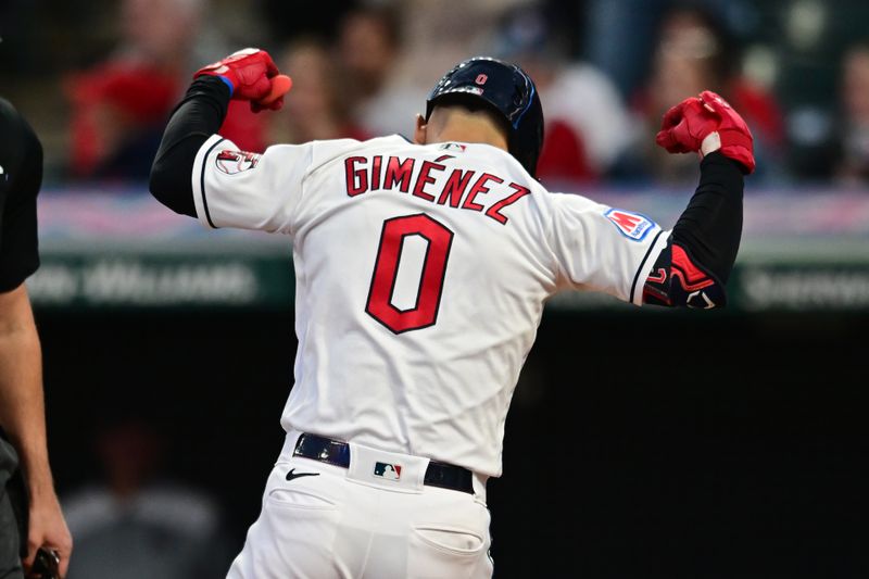 Sep 15, 2023; Cleveland, Ohio, USA; Cleveland Guardians second baseman Andres Gimenez (0) celebrates after hitting a home run during the second inning against the Texas Rangers at Progressive Field. Mandatory Credit: Ken Blaze-USA TODAY Sports