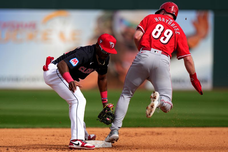 Feb. 24, 2024; Goodyear, Arizona, USA; Cincinnati Reds center fielder Jacob Hurtubise (89) is tagged out at second base in the seventh inning during a MLB spring training baseball game against the Cleveland Guardians at Goodyear Ballpark. Mandatory Credit: Kareem Elgazzar-USA TODAY Sports