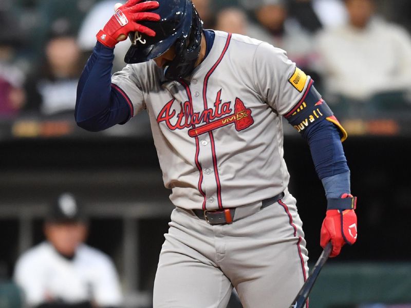 Apr 2, 2024; Chicago, Illinois, USA; Atlanta Braves left fielder Adam Duvall (14) reacts after striking out during the second inning against against the Chicago White Sox at Guaranteed Rate Field. Mandatory Credit: Patrick Gorski-USA TODAY Sports