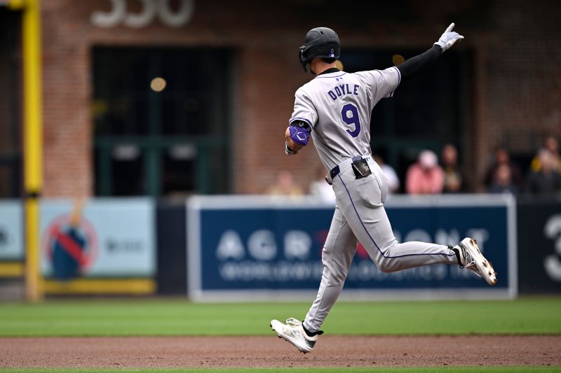 May 15, 2024; San Diego, California, USA; Colorado Rockies center fielder Brenton Doyle (9) rounds the bases after hitting a home run against the San Diego Padres during the second inning at Petco Park. Mandatory Credit: Orlando Ramirez-USA TODAY Sports