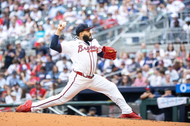 Sep 29, 2024; Cumberland, Georgia, USA; Atlanta Braves pitcher Daysbel Hernández (62) pitches the ball against the Kansas City Royals during the sixth inning at Truist Park. Mandatory Credit: Jordan Godfree-Imagn Images