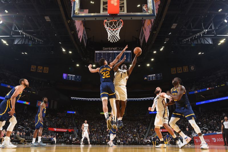 SAN FRANCISCO, CA - APRIL 12:  Zion Williamson #1 of the New Orleans Pelicans goes to the basket during the game on April 12, 2024 at Chase Center in San Francisco, California. NOTE TO USER: User expressly acknowledges and agrees that, by downloading and or using this photograph, user is consenting to the terms and conditions of Getty Images License Agreement. Mandatory Copyright Notice: Copyright 2024 NBAE (Photo by Noah Graham/NBAE via Getty Images)