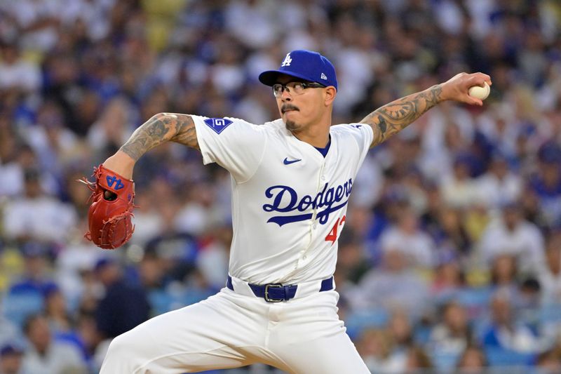 Oct 20, 2024; Los Angeles, California, USA; Los Angeles Dodgers pitcher Anthony Banda (43) pitches against the New York Mets in the third inning during game six of the NLCS for the 2024 MLB playoffs at Dodger Stadium. Mandatory Credit: Jayne Kamin-Oncea-Imagn Images