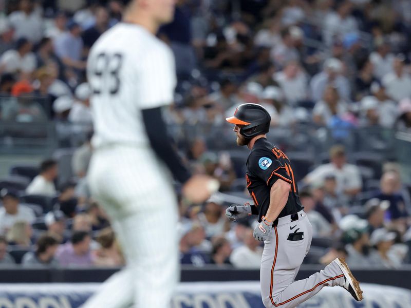Sep 26, 2025; Bronx, New York, USA; Baltimore Orioles third baseman Jordan Westburg (11) rounds the bases after hitting a three run home run against New York Yankees starting pitcher Will Warren (98) during the third inning at Yankee Stadium. Mandatory Credit: Brad Penner-Imagn Images