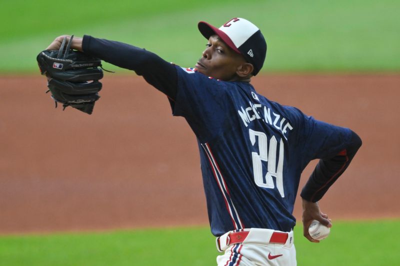 Jun 4, 2024; Cleveland, Ohio, USA; Cleveland Guardians starting pitcher Triston McKenzie (24) delivers a pitch in the first inning against the Kansas City Royals at Progressive Field. Mandatory Credit: David Richard-USA TODAY Sports