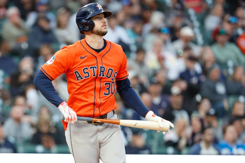 May 10, 2024; Detroit, Michigan, USA;  Houston Astros right fielder Kyle Tucker (30) hits a home run in the sixth inning against the Detroit Tigers at Comerica Park. Mandatory Credit: Rick Osentoski-USA TODAY Sports