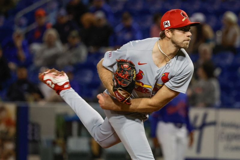 Mar 10, 2025; Port St. Lucie, Florida, USA;  St. Louis Cardinals pitcher Matthew Liberatore (52) throws a pitch during the seventh inning against the New York Mets at Clover Park. Mandatory Credit: Reinhold Matay-Imagn Images