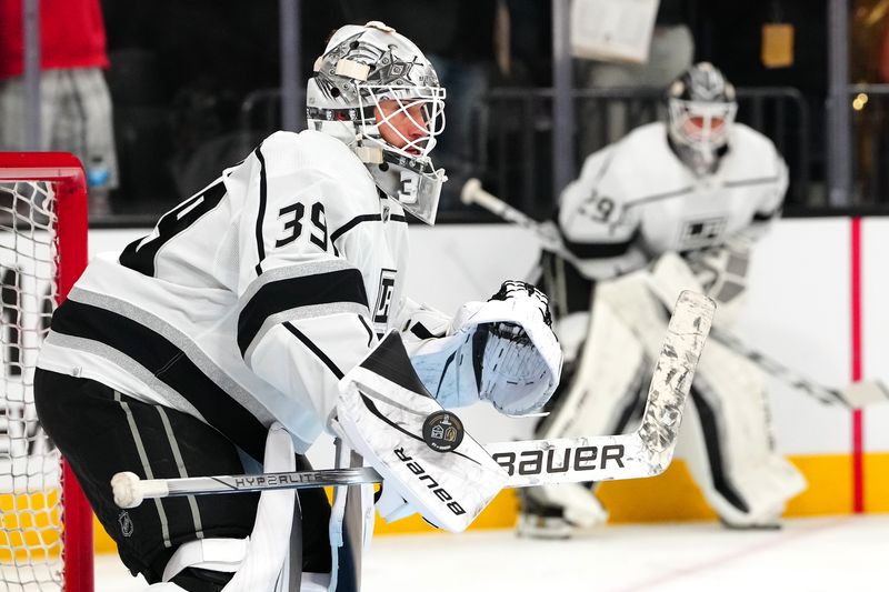 Nov 8, 2023; Las Vegas, Nevada, USA; Los Angeles Kings goaltender Cam Talbot (39) warms up before a game against the Vegas Golden Knights at T-Mobile Arena. Mandatory Credit: Stephen R. Sylvanie-USA TODAY Sports