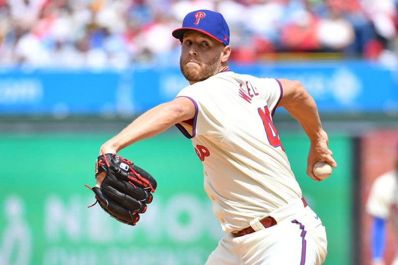 Apr 14, 2024; Philadelphia, Pennsylvania, USA; Philadelphia Phillies pitcher Zack Wheeler (45) throws a pitch during the first inning against the Pittsburgh Pirates at Citizens Bank Park. Mandatory Credit: Eric Hartline-USA TODAY Sports