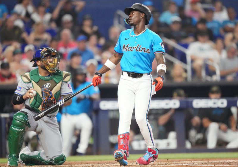 May 19, 2024; Miami, Florida, USA;  Miami Marlins center fielder Jazz Chisholm Jr. (2) strikes out in the first inning against the New York Mets at loanDepot Park. Mandatory Credit: Jim Rassol-USA TODAY Sports