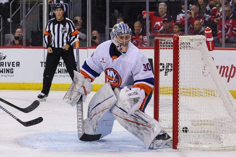 Oct 25, 2024; Newark, New Jersey, USA; New Jersey Devils center Curtis Lazar (42) (not shown) scores a goal on New York Islanders goaltender Ilya Sorokin (30) during the second period at Prudential Center. Mandatory Credit: Ed Mulholland-Imagn Images