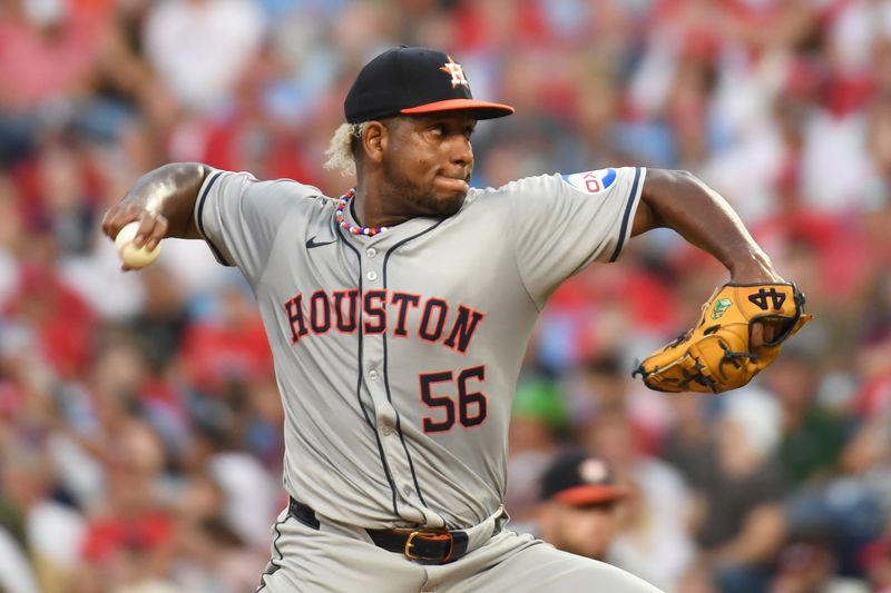 Aug 26, 2024; Philadelphia, Pennsylvania, USA;Houston Astros pitcher Ronel Blanco (56) throws a pitch during the second inning against the Philadelphia Phillies at Citizens Bank Park. Mandatory Credit: Eric Hartline-USA TODAY Sports