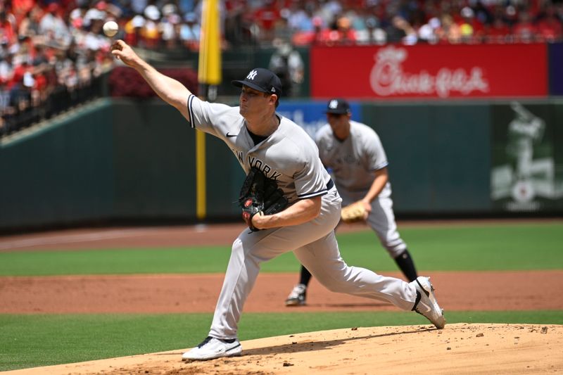 Jul 2, 2023; St. Louis, Missouri, USA; New York Yankees starting pitcher Gerrit Cole (45) pitches against the St. Louis Cardinals in the first inning at Busch Stadium. Mandatory Credit: Joe Puetz-USA TODAY Sports