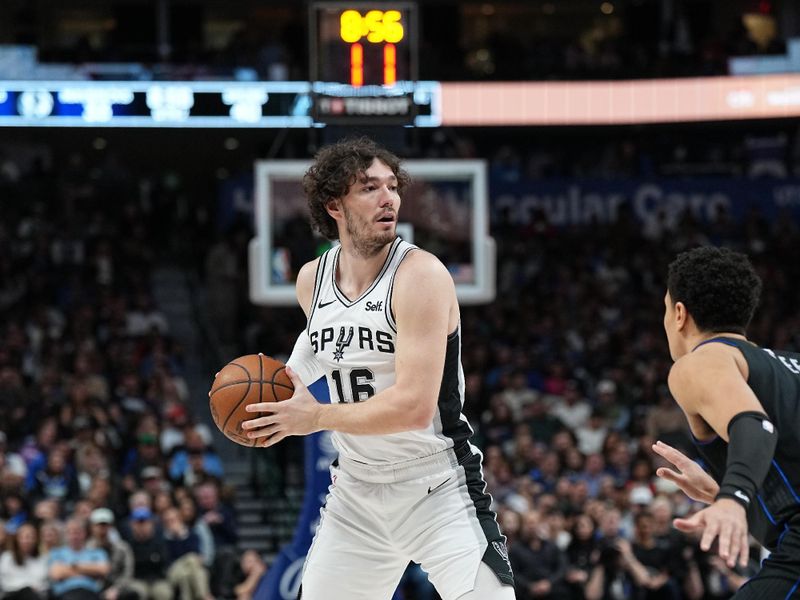 DALLAS, TX - FEBRUARY 14: Cedi Osman #16 of the San Antonio Spurs handles the ball during the game against the Dallas Mavericks on February 14, 2024 at the American Airlines Center in Dallas, Texas. NOTE TO USER: User expressly acknowledges and agrees that, by downloading and or using this photograph, User is consenting to the terms and conditions of the Getty Images License Agreement. Mandatory Copyright Notice: Copyright 2024 NBAE (Photo by Glenn James/NBAE via Getty Images)