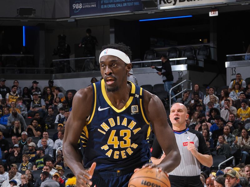 INDIANAPOLIS, IN - APRIL 1: Pascal Siakam #43 of the Indiana Pacers dribbles the ball during the game against the Brooklyn Nets on April 1, 2024 at Gainbridge Fieldhouse in Indianapolis, Indiana. NOTE TO USER: User expressly acknowledges and agrees that, by downloading and or using this Photograph, user is consenting to the terms and conditions of the Getty Images License Agreement. Mandatory Copyright Notice: Copyright 2024 NBAE (Photo by Ron Hoskins/NBAE via Getty Images)