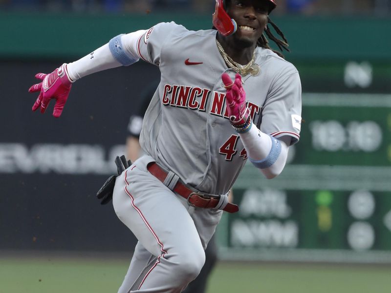 Aug 11, 2023; Pittsburgh, Pennsylvania, USA; Cincinnati Reds third baseman Elly De La Cruz (44) runs to third base base on a two run triple against the Pittsburgh Pirates during the first inning at PNC Park. Mandatory Credit: Charles LeClaire-USA TODAY Sports