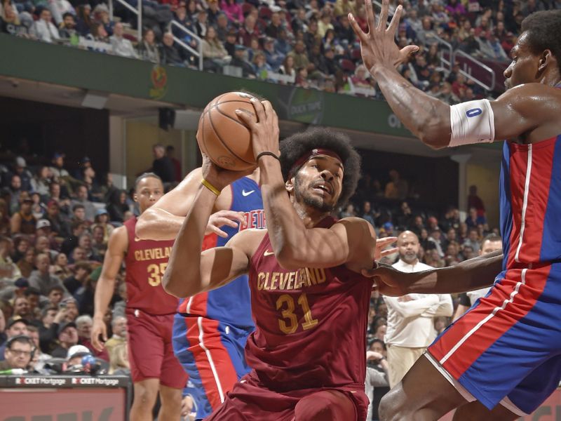 CLEVELAND, OH - JANUARY 31: Jarrett Allen #31 of the Cleveland Cavaliers drives to the basket during the game against the Detroit Pistons on January 31, 2024 at Rocket Mortgage FieldHouse in Cleveland, Ohio. NOTE TO USER: User expressly acknowledges and agrees that, by downloading and/or using this Photograph, user is consenting to the terms and conditions of the Getty Images License Agreement. Mandatory Copyright Notice: Copyright 2024 NBAE (Photo by David Liam Kyle/NBAE via Getty Images)