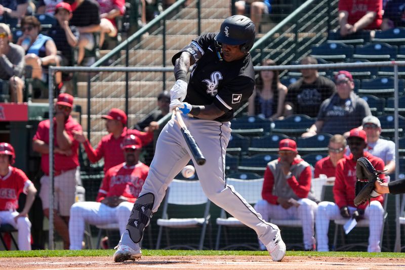 Mar 22, 2024; Tempe, Arizona, USA; Chicago White Sox right fielder Oscar Colas (22) breaks his bat against the Los Angeles Angels in the first inning at Tempe Diablo Stadium. Mandatory Credit: Rick Scuteri-USA TODAY Sports