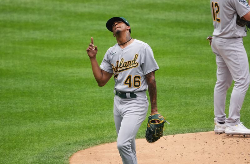 Jul 30, 2023; Denver, Colorado, USA; Oakland Athletics starting pitcher Luis Medina (46) reacts after being pulled in the sixth inning at Coors Field. Mandatory Credit: Ron Chenoy-USA TODAY Sports