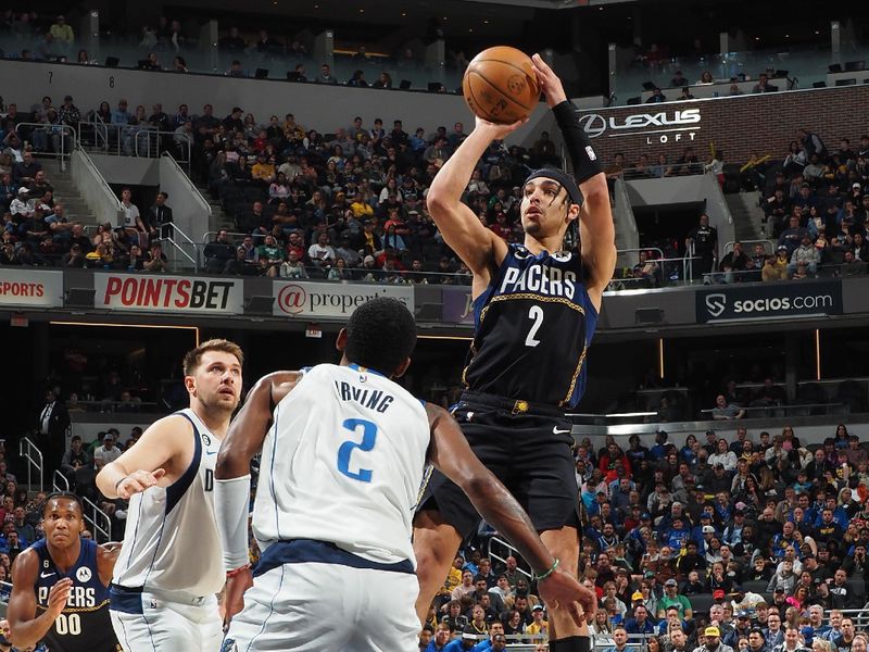 INDIANAPOLIS, IN - MARCH 27: Andrew Nembhard #2 of the Indiana Pacers shoots the ball during the game against the Dallas Mavericks on March 27, 2023 at Gainbridge Fieldhouse in Indianapolis, Indiana. NOTE TO USER: User expressly acknowledges and agrees that, by downloading and or using this Photograph, user is consenting to the terms and conditions of the Getty Images License Agreement. Mandatory Copyright Notice: Copyright 2023 NBAE (Photo by Ron Hoskins/NBAE via Getty Images)