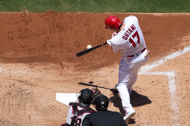 Jul 2, 2023; Anaheim, California, USA; Los Angeles Angels designated hitter Shohei Ohtani (17) bats in the third inning against the Arizona Diamondbacks at Angel Stadium. Mandatory Credit: Kirby Lee-USA TODAY Sports