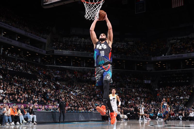 BROOKLYN, NY - JANUARY 29: Ben Simmons #10 of the Brooklyn Nets dunks the ball during the game against the Utah Jazz on January 29, 2024 at Barclays Center in Brooklyn, New York. NOTE TO USER: User expressly acknowledges and agrees that, by downloading and or using this Photograph, user is consenting to the terms and conditions of the Getty Images License Agreement. Mandatory Copyright Notice: Copyright 2024 NBAE (Photo by Nathaniel S. Butler/NBAE via Getty Images)