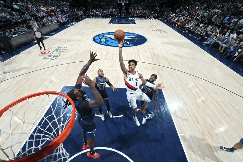 MINNEAPOLIS, MN -  MARCH 4: Anfernee Simons #1 of the Portland Trail Blazers drives to the basket during the game against the Minnesota Timberwolves on March 4, 2024 at Target Center in Minneapolis, Minnesota. NOTE TO USER: User expressly acknowledges and agrees that, by downloading and or using this Photograph, user is consenting to the terms and conditions of the Getty Images License Agreement. Mandatory Copyright Notice: Copyright 2024 NBAE (Photo by David Sherman/NBAE via Getty Images)