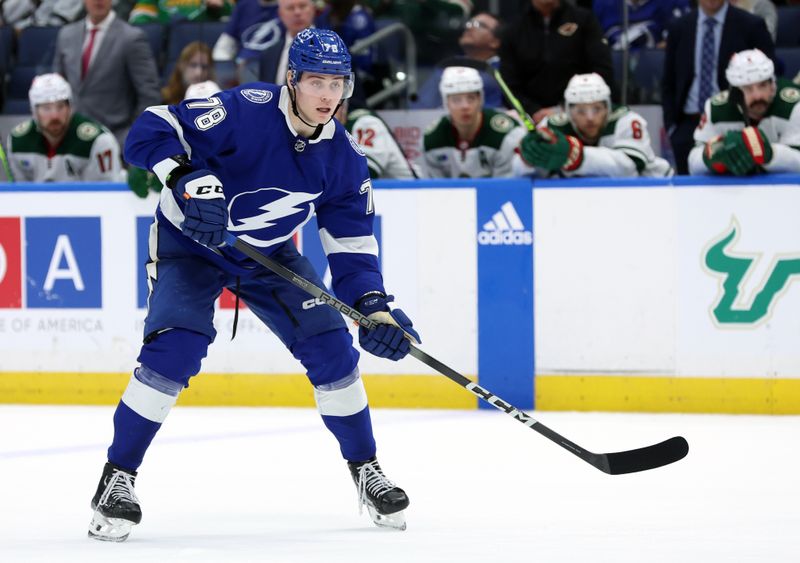 Jan 18, 2024; Tampa, Florida, USA; Tampa Bay Lightning defenseman Emil Martinsen Lilleberg (78) skates against the Minnesota Wild during the third period at Amalie Arena. Mandatory Credit: Kim Klement Neitzel-USA TODAY Sports