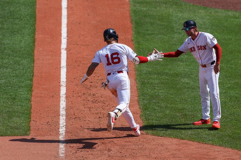 Jun 5, 2024; Boston, Massachusetts, USA; Boston Red Sox left fielder Jarren Duran (16) high fives Boston Red Sox third base coach Kyle Hudson (84) after hitting a solo home run during the eighth inning against the Atlanta Braves at Fenway Park. Mandatory Credit: Paul Rutherford-USA TODAY Sports