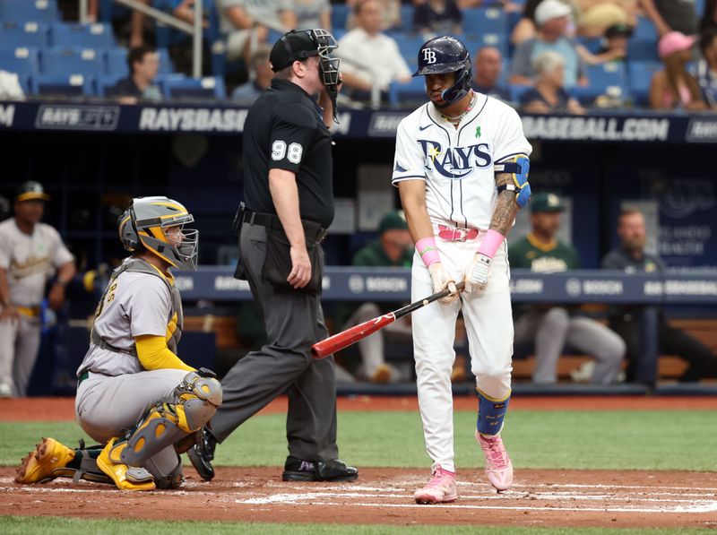 May 30, 2024; St. Petersburg, Florida, USA; Tampa Bay Rays outfielder Jose Siri (22) reacts after hitting a home run against the Oakland Athletics during the second inning at Tropicana Field. Mandatory Credit: Kim Klement Neitzel-USA TODAY Sports