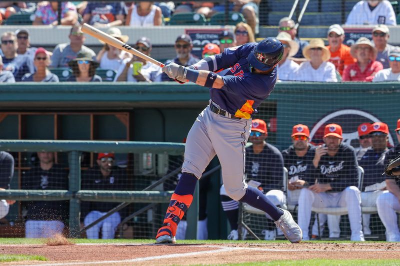 Feb 26, 2024; Lakeland, Florida, USA; Houston Astros first baseman Trey Cabbage (38) bats during the first inning against the Detroit Tigers at Publix Field at Joker Marchant Stadium. Mandatory Credit: Mike Watters-USA TODAY Sports