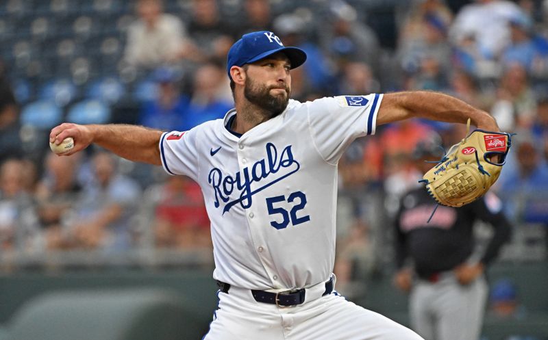 Jun 27, 2024; Kansas City, Missouri, USA; Kansas City Royals starting pitcher Michael Wacha (52) delivers a pitch in the first inning against the Cleveland Guardians at Kauffman Stadium. Mandatory Credit: Peter Aiken-USA TODAY Sports