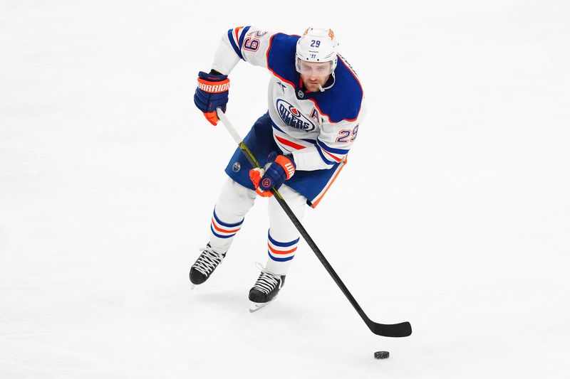 Apr 1, 2025; Las Vegas, Nevada, USA; Edmonton Oilers center Leon Draisaitl (29) skates against the Vegas Golden Knights during the third period at T-Mobile Arena. Mandatory Credit: Stephen R. Sylvanie-Imagn Images