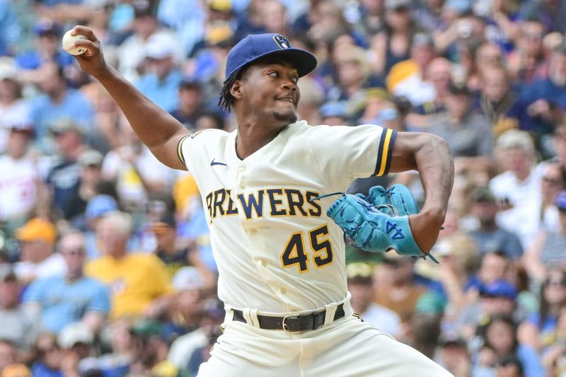 Aug 9, 2023; Milwaukee, Wisconsin, USA; Milwaukee Brewers pitcher Abner Uribe (45) throws against the Colorado Rockies in the seventh inning at American Family Field. Mandatory Credit: Benny Sieu-USA TODAY Sports