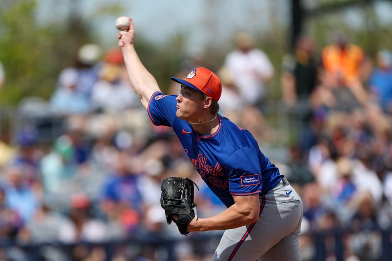 Mar 1, 2025; Port Charlotte, Florida, USA; New York Mets pitcher Blade Tidwell (94) throws a pitch against the Tampa Bay Rays in the first inning during spring training at Charlotte Sports Park. Mandatory Credit: Nathan Ray Seebeck-Imagn Images