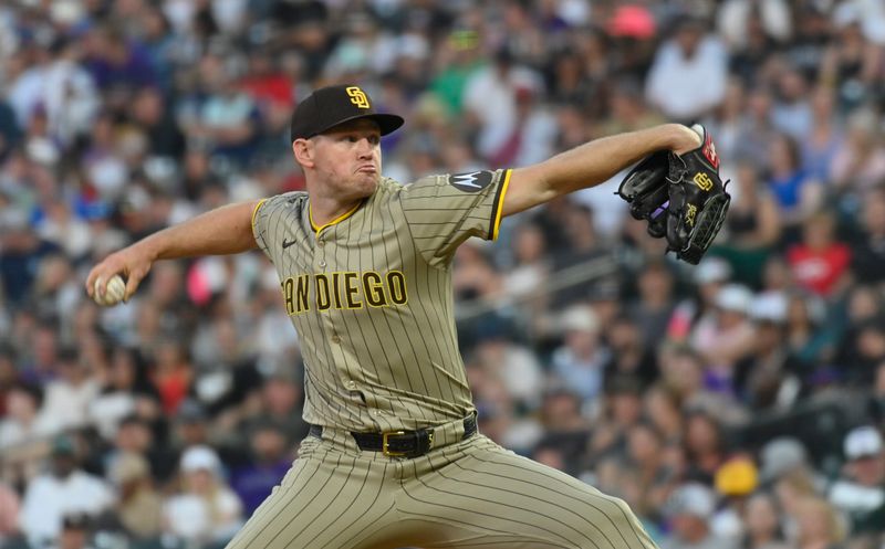 May 10, 2025; Denver, Colorado, USA; San Diego Padres pitcher Stephen Kolek (32) delivers a pitch during the fifth inning against the Colorado Rockies  at Coors Field. Mandatory Credit: John Leyba-Imagn Images