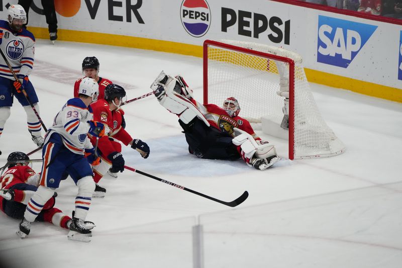 Jun 24, 2024; Sunrise, Florida, USA; Florida Panthers goaltender Sergei Bobrovsky (72) defends against Edmonton Oilers during the third period in game seven of the 2024 Stanley Cup Final at Amerant Bank Arena. Mandatory Credit: Jim Rassol-USA TODAY Sports