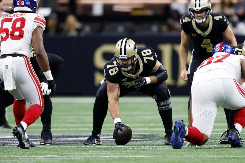 New Orleans Saints center Erik McCoy (78) during an NFL football game against the New York Giants, Sunday, Dec. 17, 2023, in New Orleans. (AP Photo/Tyler Kaufman)