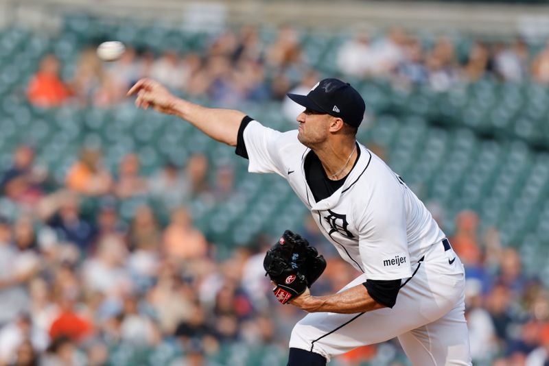 Jul 8, 2025; Detroit, Michigan, USA;  Detroit Tigers pitcher Jack Flaherty (9) pitches in the first inning against the Tampa Bay Rays at Comerica Park. Mandatory Credit: Rick Osentoski-Imagn Images