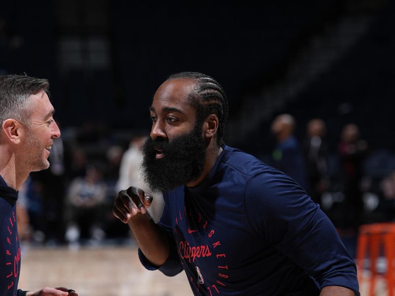 MINNEAPOLIS, MN -  JANUARY 6:  James Harden #1 of the LA Clippers warms up before the game against the Minnesota Timberwolves on January 6, 2025 at Target Center in Minneapolis, Minnesota. NOTE TO USER: User expressly acknowledges and agrees that, by downloading and or using this Photograph, user is consenting to the terms and conditions of the Getty Images License Agreement. Mandatory Copyright Notice: Copyright 2025 NBAE (Photo by Jordan Johnson/NBAE via Getty Images)