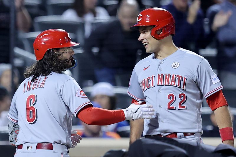 Sep 15, 2023; New York City, New York, USA; Cincinnati Reds second baseman Jonathan India (6) celebrates his two run home run against the New York Mets with catcher Luke Maile (22) during the seventh inning at Citi Field. Mandatory Credit: Brad Penner-USA TODAY Sports