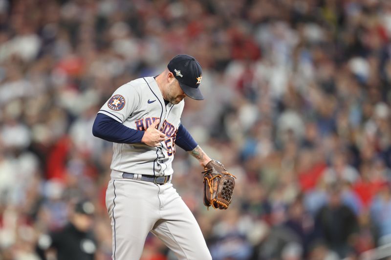 Oct 11, 2023; Minneapolis, Minnesota, USA; Houston Astros relief pitcher Ryan Pressly (55) celebrates defeating the Minnesota Twins during game four of the ALDS for the 2023 MLB playoffs at Target Field. Mandatory Credit: Jesse Johnson-USA TODAY Sports