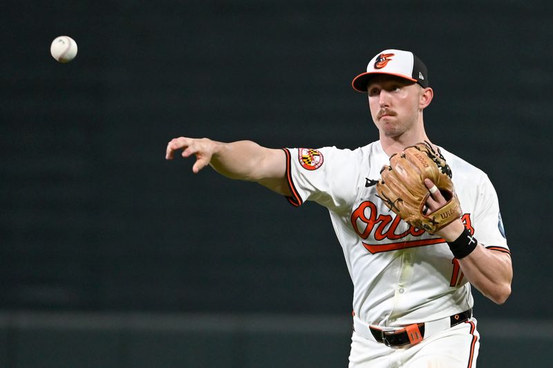 Jun 11, 2024; Baltimore, Maryland, USA;  Baltimore Orioles second baseman Jordan Westburg (11) throws to first base during the eighth inning against the Atlanta Braves at Oriole Park at Camden Yards. Mandatory Credit: Tommy Gilligan-USA TODAY Sports