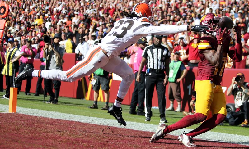 Washington Commanders wide receiver Terry McLaurin (17) cannot haul in a would-be touchdown pass during an NFL football game against the Cleveland Browns, Sunday, Oct. 6, 2024 in Landover, Md. (AP Photo/Daniel Kucin Jr.)