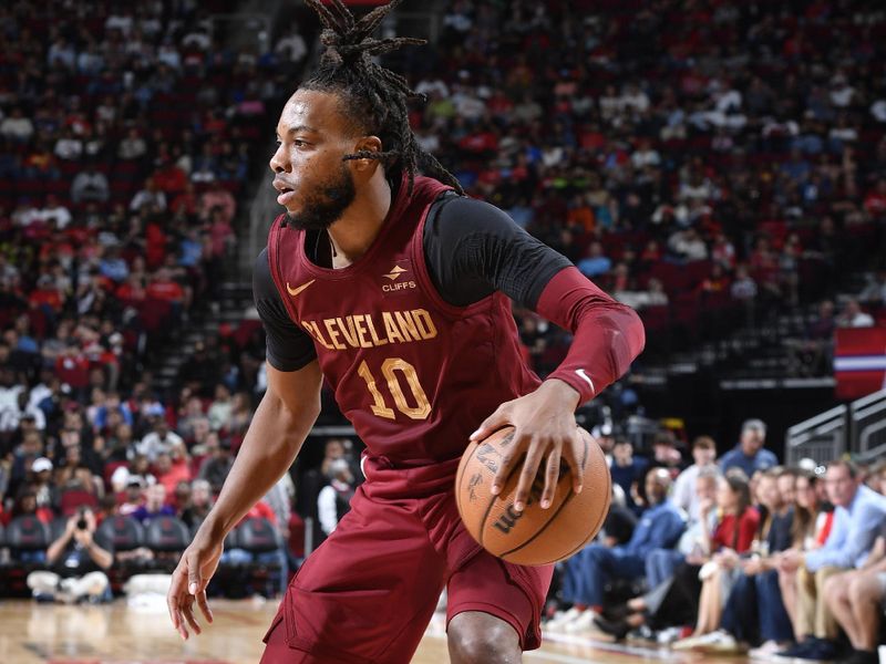 HOUSTON, TX - MARCH 16:   Darius Garland #10 of the Cleveland Cavaliers dribbles the ball during the game against the Houston Rockets on March 16, 2023 at the Toyota Center in Houston, Texas. NOTE TO USER: User expressly acknowledges and agrees that, by downloading and or using this photograph, User is consenting to the terms and conditions of the Getty Images License Agreement. Mandatory Copyright Notice: Copyright 2024 NBAE (Photo by Logan Riely/NBAE via Getty Images)