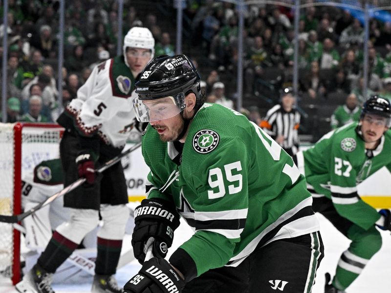 Mar 20, 2024; Dallas, Texas, USA; Dallas Stars center Matt Duchene (95) controls the puck in the Arizona Coyotes zone during the second period at the American Airlines Center. Mandatory Credit: Jerome Miron-USA TODAY Sports