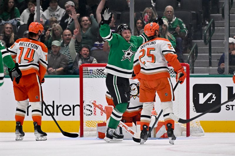 Nov 6, 2025; Dallas, Texas, USA; Dallas Stars center Roope Hintz (24) celebrates scoring a goal against Anaheim Ducks goaltender Lukas Dostal (1) during the third period at the American Airlines Center. Mandatory Credit: Jerome Miron-Imagn Images