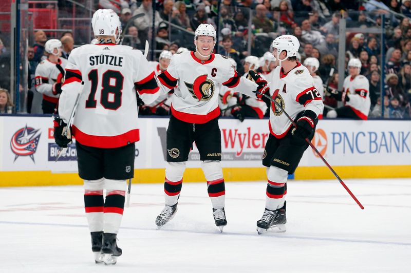 Dec 1, 2023; Columbus, Ohio, USA; Ottawa Senators left wing Brady Tkachuk (7) celebrates his goal against the Columbus Blue Jackets during the first period at Nationwide Arena. Mandatory Credit: Russell LaBounty-USA TODAY Sports