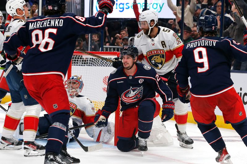 Oct 15, 2024; Columbus, Ohio, USA; Columbus Blue Jackets center Sean Monahan (23) celebrates his goal against the Florida Panthers during the second period at Nationwide Arena. Mandatory Credit: Russell LaBounty-Imagn Images